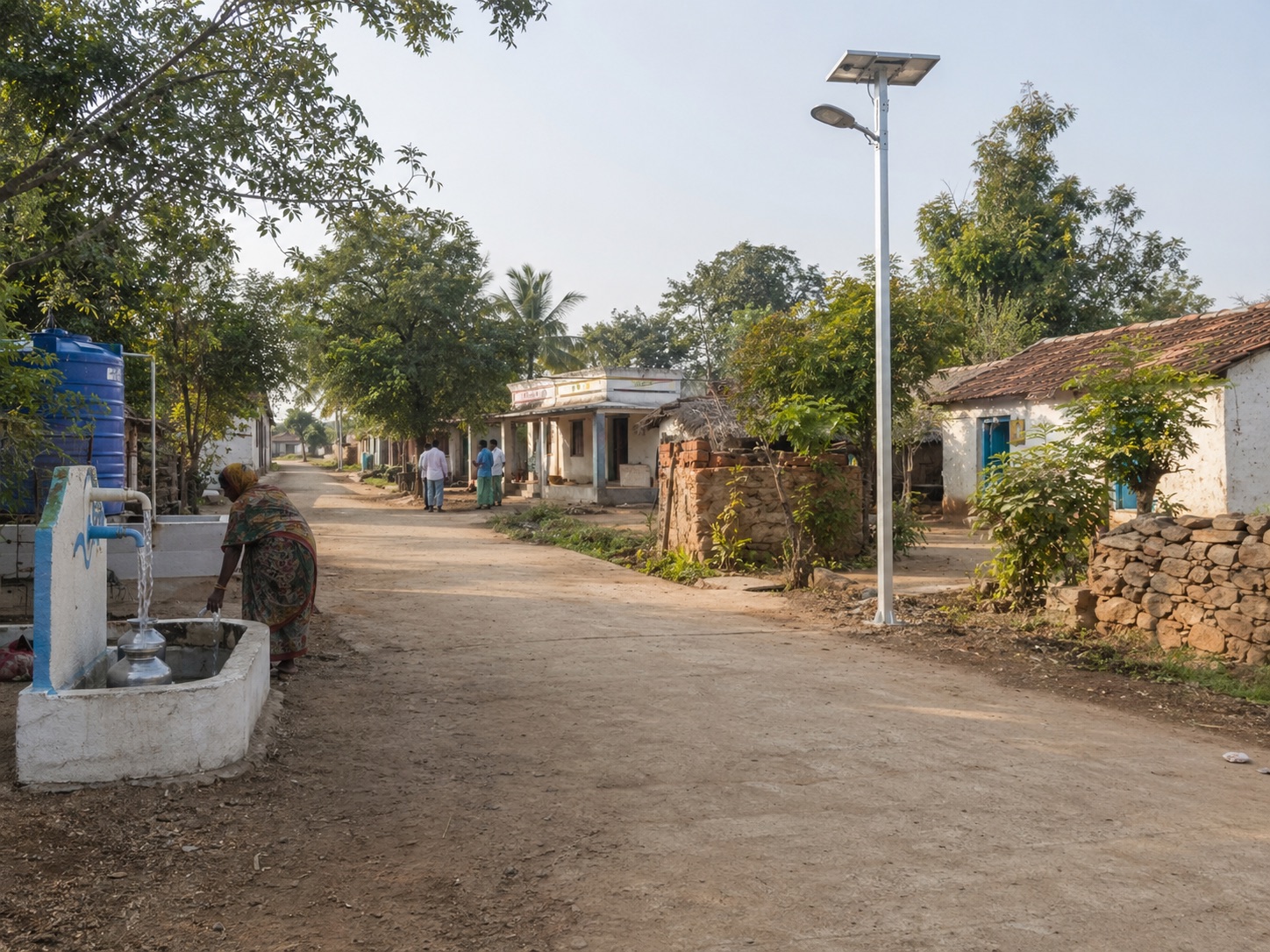 Illustrative rural village scene showing water access, greenery, and public infrastructure
